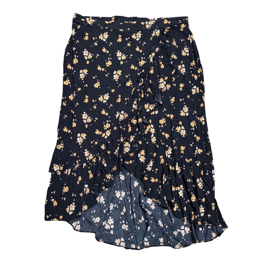 Torrid Womens Plus Size 4 4X 26 28 Black Floral Rayon High-Low Ruffle Midi Skirt